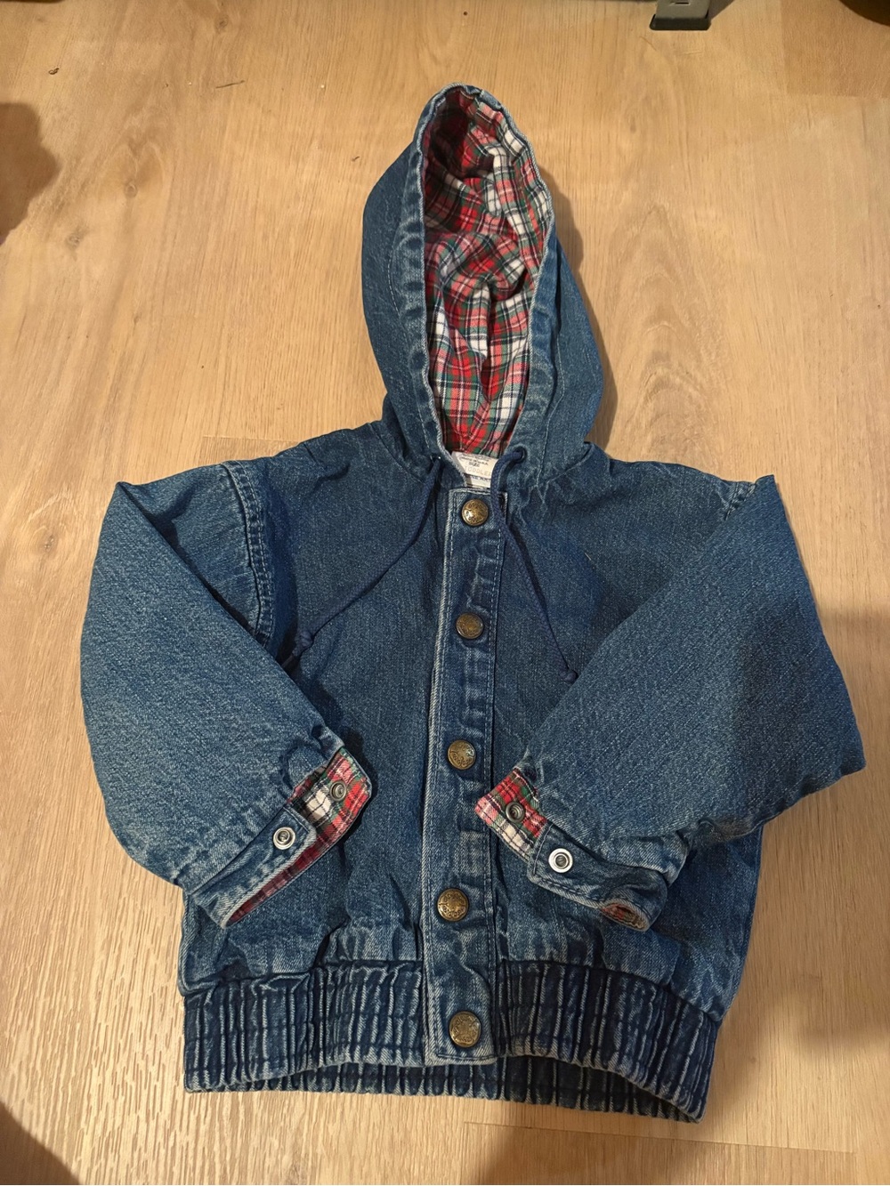 OshKosh B'gosh Blue Denim Hooded Jacket with Red Plaid Lining